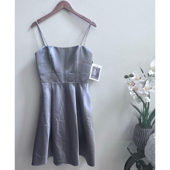 New WTOO By Watters Gray Satin A-Line Prom Flared Midi Bridesmaid Formal Dress 8 - Picture 1 of 7